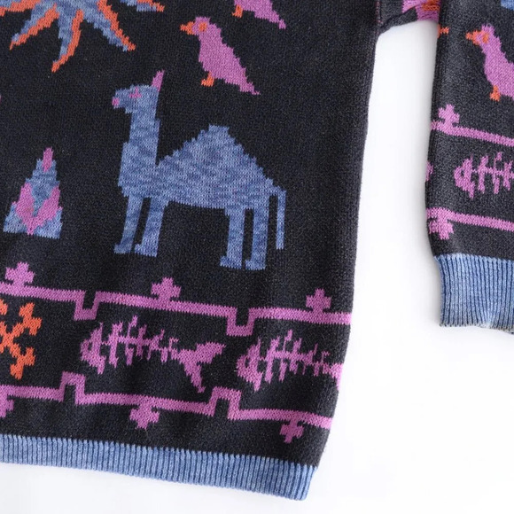 90S Loop Knitwear Black And Purple Aztec Camel Birds Crew Neck Sweater Medium - Picture 5 of 11